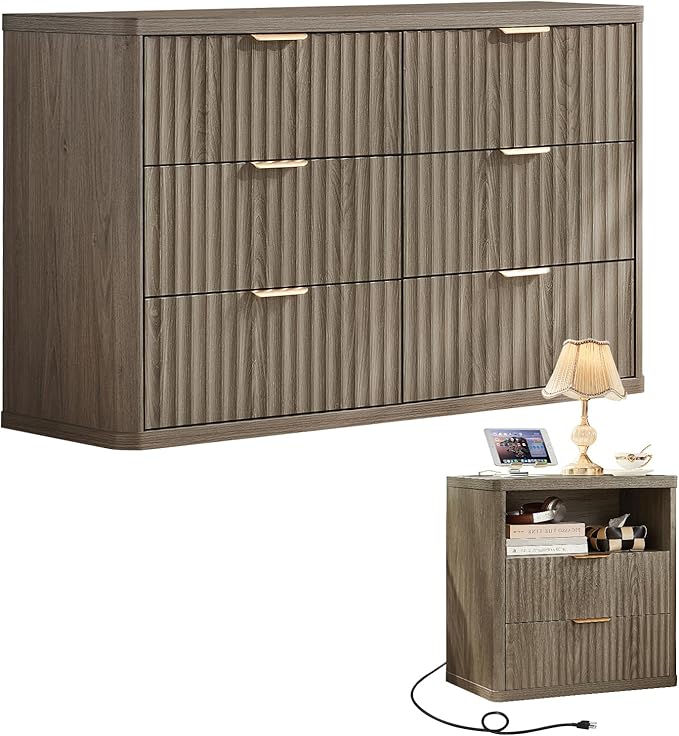 LEYAOYAO Fluted Dresser and Nightstand Sets, Wood 48" Wide Dresser & 23" Night Stand with Charging Station, 2 Piece Bedroom Furniture Set, Chest of Drawers for Bedroom, Home, Living Room,Grey