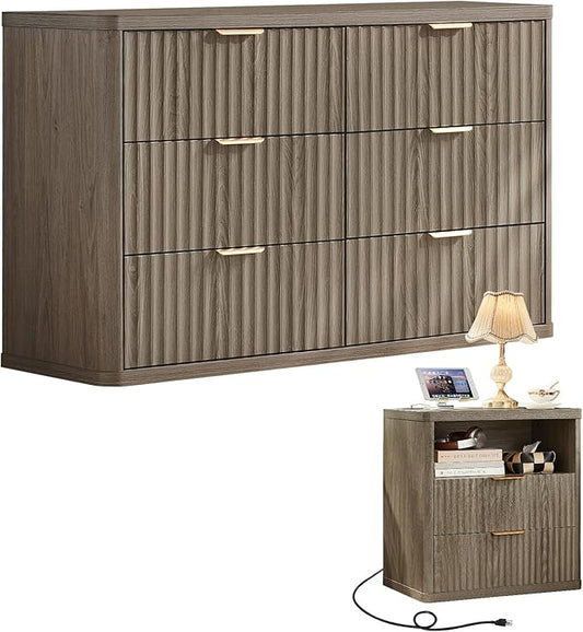 LEYAOYAO Fluted Dresser and Nightstand Sets, Wood 48" Wide Dresser & 23" Night Stand with Charging Station, 2 Piece Bedroom Furniture Set, Chest of Drawers for Bedroom, Home, Living Room,Grey