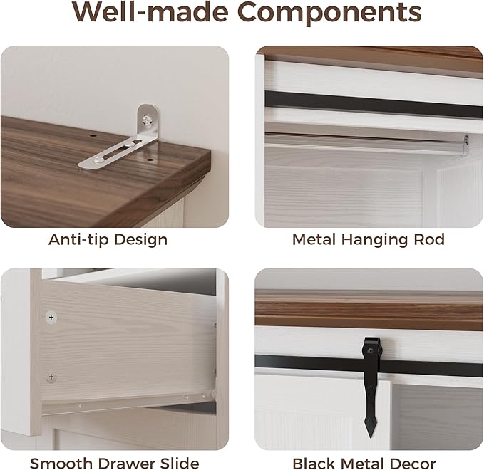 IRONCK Armoire Wardrobe Closet with 4 Drawers,71" Wardrobe Cabinet with Sliding Barn Doors, Tall Clothing Storage Cabinet with Hanging Rod and Shelves for Bedroom, White
