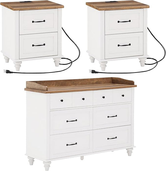 WAMPAT 3 Piece Dresser and Nightstand Sets, White Dresser & Chests of Drawers with 6 Drawers and Metal Handle, Mid-Century Modern Set of 2 End Tables with Charging Station, 3 Piece Bedroom Set