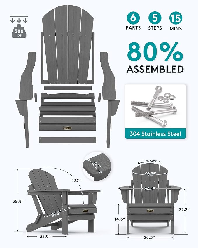 SERWALL Folding Adirondack Chair for Patio Garden Outdoors Fire Pit- (Folding Gray) - Image 3