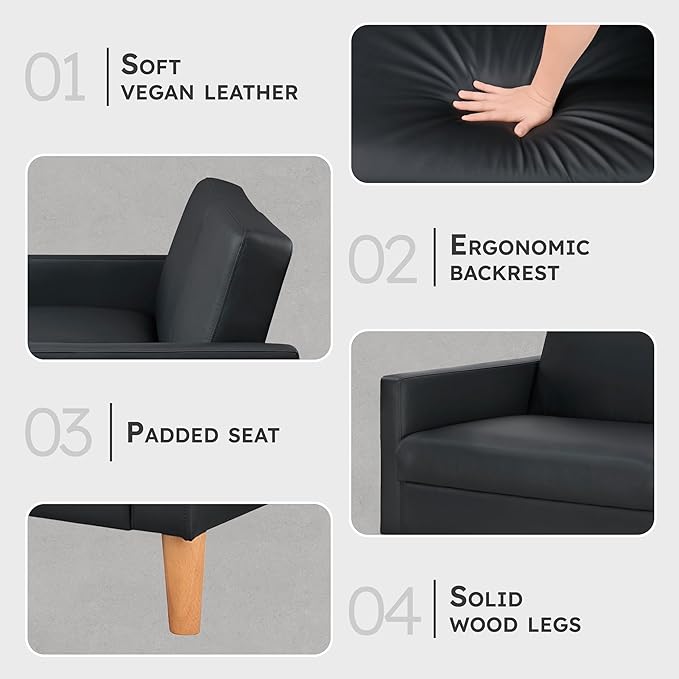 Lexicon 79"W Convertible Futon Sofa Bed, Loveseat, Faux Leather Upholstered Couch Sleeper, Adjustable Backrests, Padded Pocket Coil, Solid Wood Legs for Living Room, Bedroom, Apartment, Office, Black