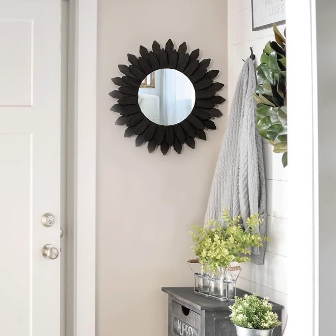 Honiway Black Wall Decor Wall Mirror 12 inch Boho Wall Decor Wood Decorative Mirror for Room Decor Home Decor for Bedroom Living Room Bathroom Kitchen Black - Image 4