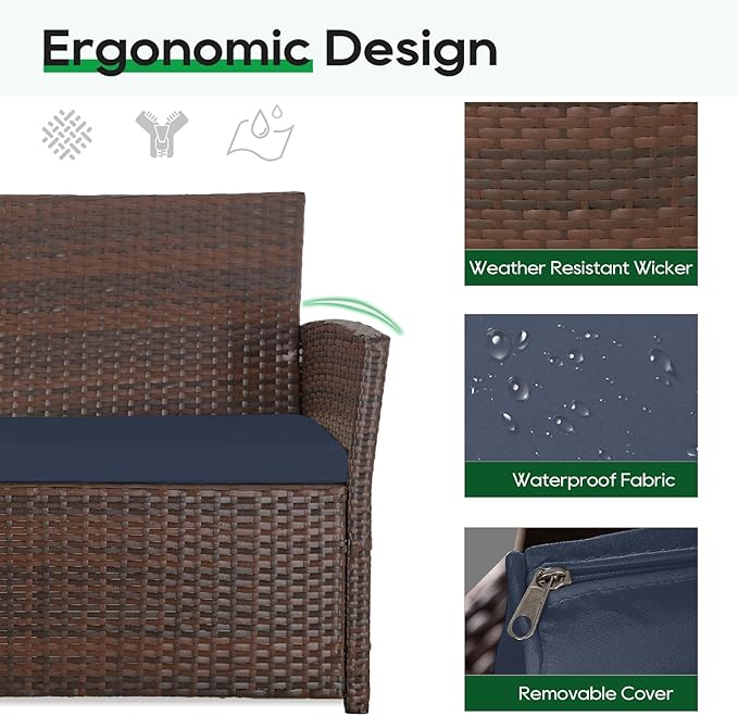 Patio Outdoor Furniture 4 Pieces Sectional Sofa Set Balcony Furniture Wicker Rattan Chairs with Table and Loveseat for Garden, Porch, Backyard, Brown Wicker/Blue Cushion