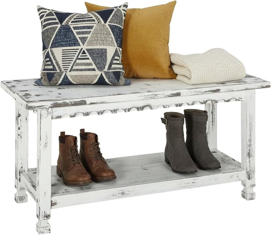 Country Cottage 36-Inch Farmhouse Entryway Bench with Storage Shelf – Solid Pine Wood Bench in Distressed White for Hallway, Bedroom, or Mudroom by Alaterre Furniture by AlaterreFurniture