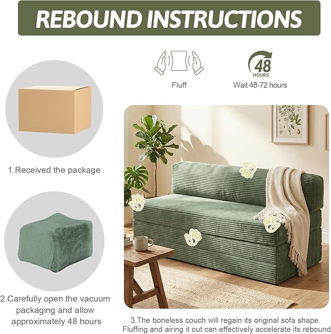 5-in-1 Convertible Sofa Bed, Boneless Loveseat Sleeper with Removable Cushions & Washable Cover, Futon Sofa Bed with Handle, Pull Out Couch for Small Spaces, Queen Size, Green