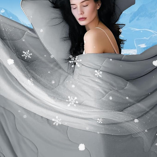 DOWNCOOL Cooling Comforter Twin Size, Grey Cooling Blanket for Hot Sleeper, Lightweight & Breathable Blanket for Night Sweats,Dual-Side Cooling Summer Bedding,68"X90"
