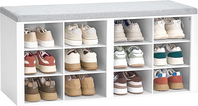 Hzuaneri Shoe Bench with Cushion, Entryway Storage Bench with 12 Cubbies, Cubby Shoe Rack with Adjustable Shelves, Shoe Organizer Cabinet for Living Room, Bedroom, Entryway, White SB19003GY by Hzuaneri