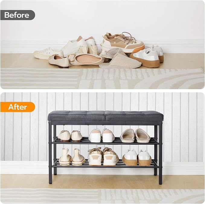 HOOBRO Shoe Bench, Storage Bench with Cushion, Entryway Bench Shoe Shelf with Seat, 12 x 29.5 x 18.1 Inches, Shoe Rack for Living Room, Bedroom, Hallway, Dark Gray BGZ95HX01 - Image 8