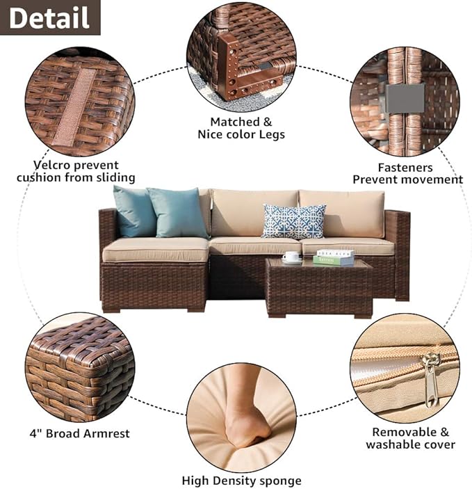 Patiorama 5 Piece Outdoor Patio Furniture Set, Outdoor Sectional Conversation Set, All-Weather Brown PE Wicker w/Beige Cushions, Outdoor Backyard Porch Garden Poolside Balcony Furniture Set
