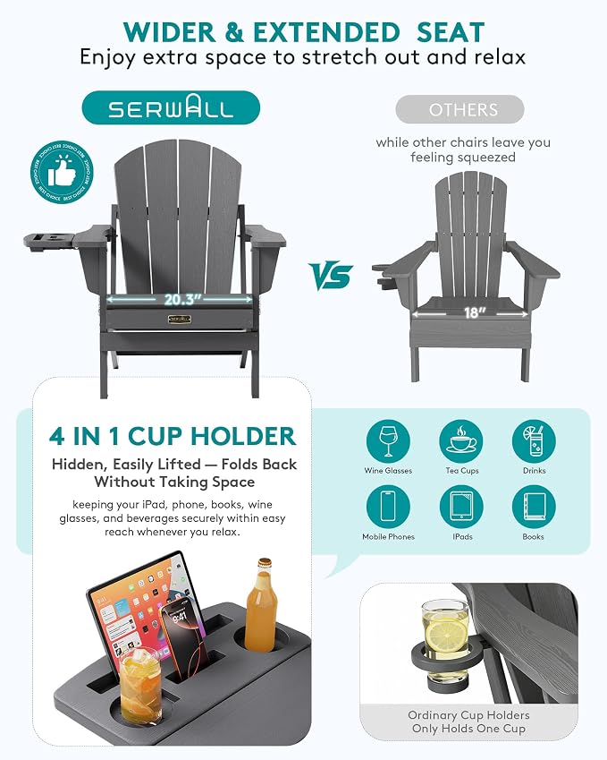 SERWALL Folding Adirondack Chair Set of 2, HIPS Adirondack Chairs with 4 in 1 Multi-Functional Cup Holder, Weather Resistant Plastic Chairs for Patio Garden Outdoors Fire Pit- Gray - Image 5