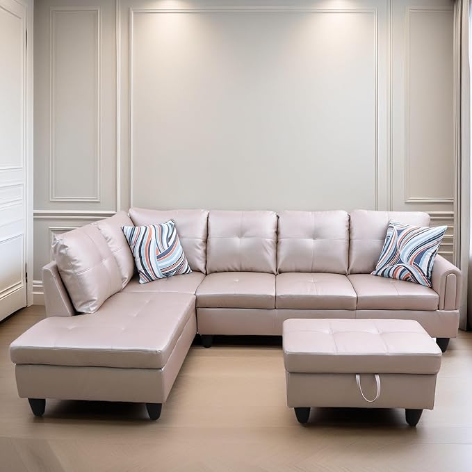 FONTOI L Shaped Sectional Couches, Leather Couch Modular Sectional Sofa with Ottoman Storage, Modern L Shaped Couch with Chaise for Living Room Bedroom Apartment Furniture, Gray