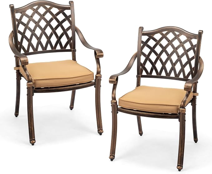 VINGLI Patio Chairs Set of 2 - Stackable Outdoor Cast Aluminum Dining Chairs with Vintage Bronze Finish and Diamond Pattern, Metal Armchairs for Poolside, Backyard, Balcony (with Cushion) by VINGLI
