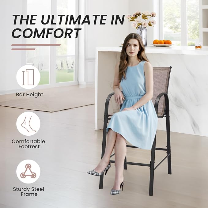 HOMREST Outdoor Bar Height Stools Set of 8,High Back Patio Chairs with Armrests,Textilene Chairs with Breathable Fabric & Metal Frame for All Weather,Taupe - Image 3
