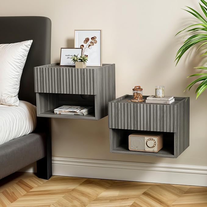 Lazzanto Floating Nightstand Bedroom Bedside Table - Floating Night Stand Set of 2 with Storage Drawer, Wood Morden Wall Mounted Bedside Tables for Dorm Hallway Entryway by Lazzanto
