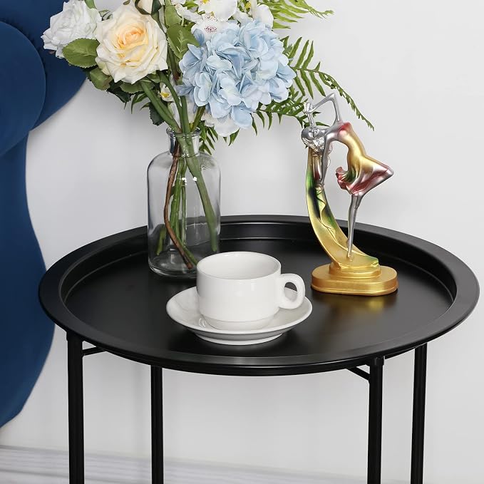 VECELO Side/End Table, Folding Round Metal Anti-Rust and Waterproof Outdoor or Indoor Tray for Living Room Bedroom Balcony and Office, 1 PCS, Black - Image 4