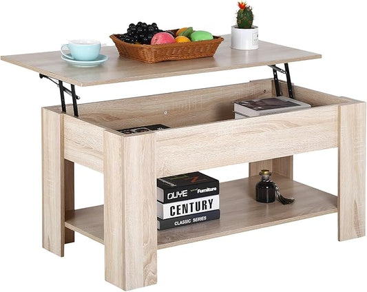 PayLessHere 39.4" Coffee Table Lift Top Coffee Tables with Hidden Compartment and Storage Shelf Wooden Lift Tabletop Dining Table for Living Room Home Small Space, Natural