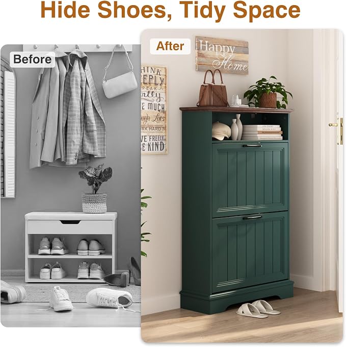 Shoe Storage Cabinet with 2 Flip Drawers, 24" W Farmhouse Modern Hidden Shoes Rack Cabinet with Adjustable Shelves & Open Storage, Narrow Slim Shoe Organizer for Front Door Entrance, Entryway, Green - Image 4