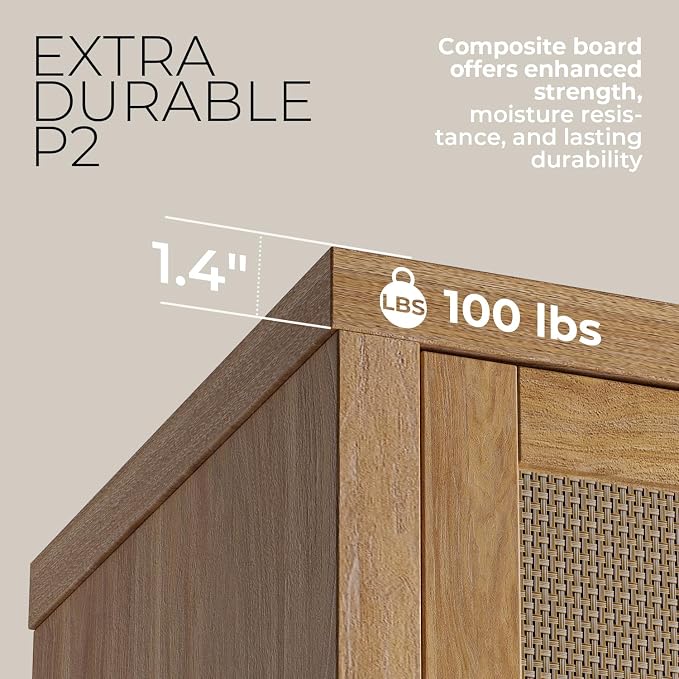 Walsham Rattan Nightstand Set of 2 with Charging Station, Boho Bedside Tables with Drawer and Open Shelf, USB-C, USB & 2 AC Outlets, Farmhouse End Tables for Bedroom, Weathered Oak - Image 5