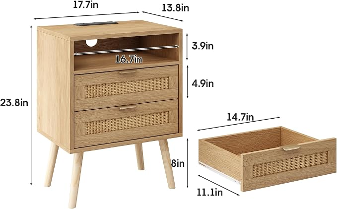 Halitaa Rattan Nightstand with Charging Station USB Port Led Lights and 2 Storage Drawers, Bedroom Furniture Night Stand Bedside Table, Rattan Side Table, End Table (1 Pack) - Image 2