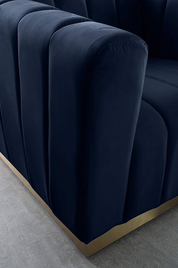 Meridian Furniture 603Navy-L Marlon Collection Modern | Contemporary Velvet Upholstered Loveseat with Deep Channel Tufting, Stainless Steel Base in a Brushed Gold Finish, Navy, 62.5" W x 34" D x 28" H