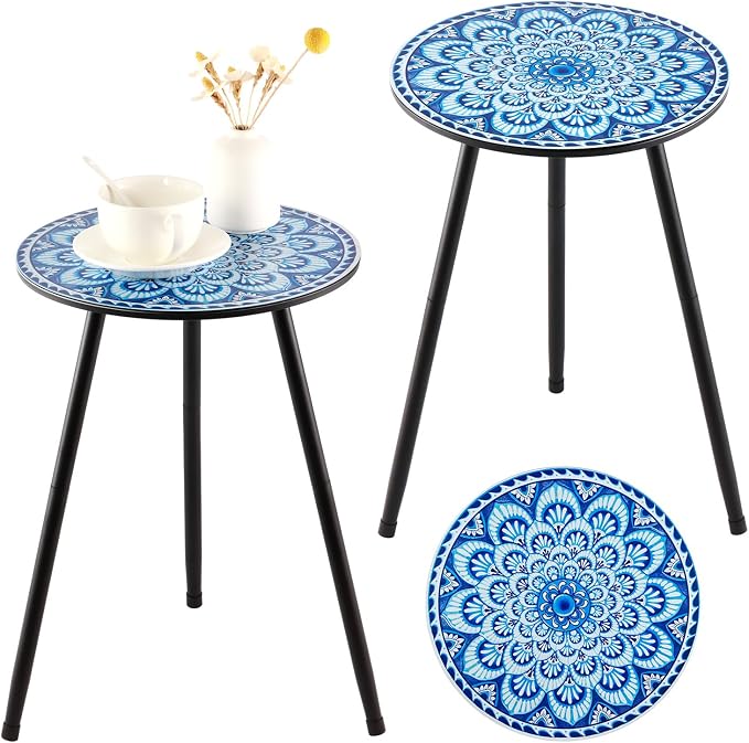 2 Packs Metal Mosaic Round Side Tables 13.4" Small Outdoor Patio Round Accent Coffee Tables Indoor Corner Stand for Small Spaces Weather-Resistant for Balcony, Porch Plant Stands Indoor, Blue Mosaic by PartyZealot