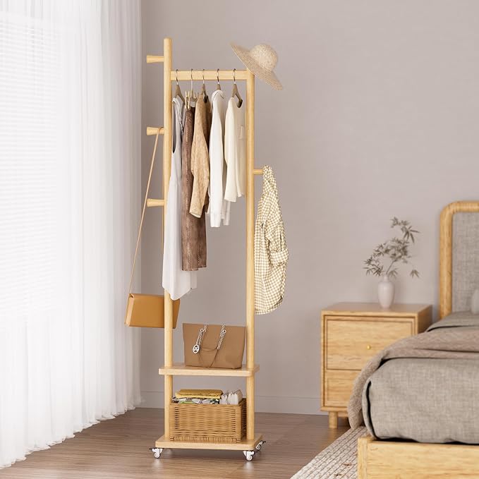 Solid Wood Coat Rack Freestanding Clothing Rack with Wheels & 2 Shelves Storage & 5 Hooks Heavy Duty Clothes Rack Wood Coat Tree Stand Hat Hanger Rack for Corner Bedroom Entryway Living Room Hotel by Taitiy