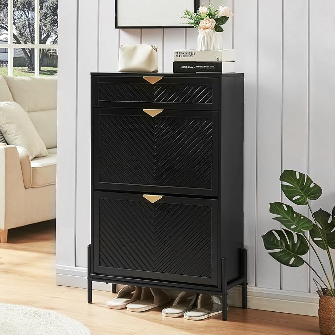 Shoe Cabinet Storage with 2 Flip Drawers, Narrow Hidden Shoes Organizer Cabinet for Entryway, Freestanding Slim Shoe Rack Front Door Entrance(Black) by VIPLUMI