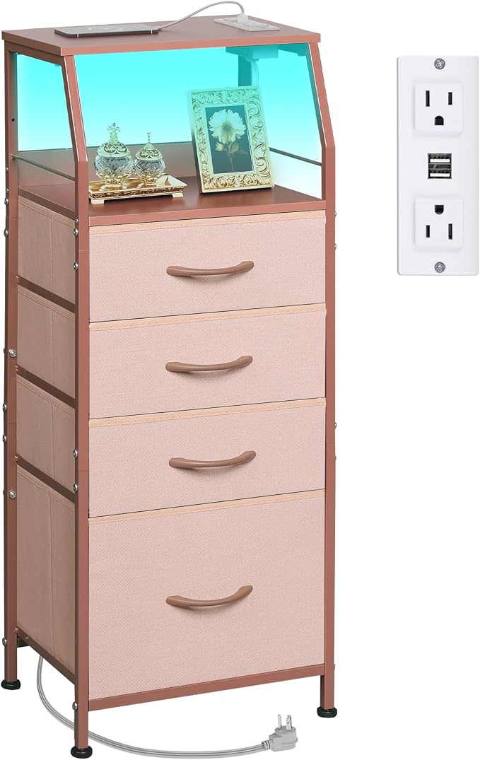 WLIVE 4 Drawer Dresser for Bedroom, 37" H Nightstand with Charging Station and Led Light, Tall Night Stand Bed Side Table, End Table with USB Ports and Outlets, Fabric Bins, Wood Shelf, Pink by WLIVE