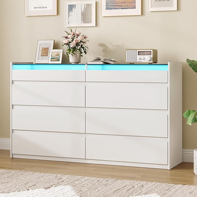 LIVAUVEAD White 8 Drawer Dresser for Bedroom with LED Light, Modern Dresser Chest of Drawers with Hidden Handles and Glass Top, Dressers Organizer for Bedroom, Closet, Living Room
