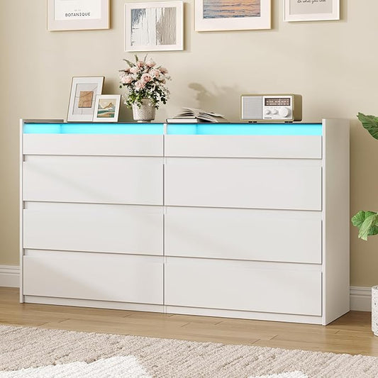 LIVAUVEAD White 8 Drawer Dresser for Bedroom with LED Light, Modern Dresser Chest of Drawers with Hidden Handles and Glass Top, Dressers Organizer for Bedroom, Closet, Living Room