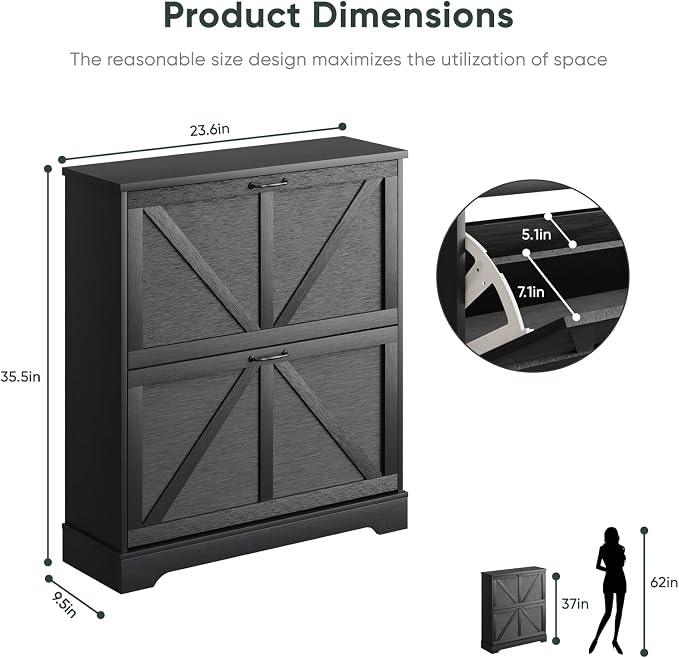 Smart FENDEE Shoe Cabinet, Shoe Storage Cabinet for Entryway with 2 Flip Drawers, Narrow Farmhouse Shoe Organizer Cabinet, Slim Shoe Rack Cabinet, 31.5in Black - Image 2