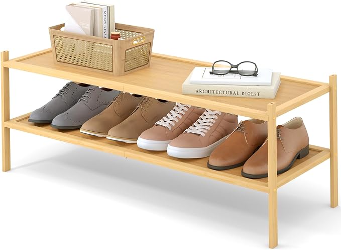 Smiry Bamboo Long Shoe Rack, 2 Tier Shoe Organizer for Entryway & Closet, Stackable Free Standing Storage Shelf for Shoes, Bags & Plants, Natural by Smiry