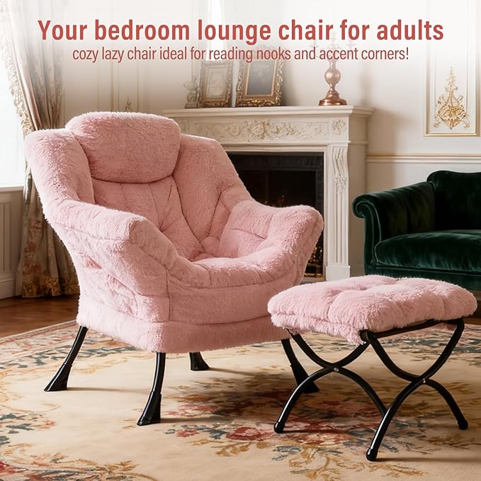 Furlide Lazy Chair with Ottoman, Modern Accent Chair with Armrests and a Side Pocket, Plush Pink Accent Chairs, Reading Chairs, Oversized Armchairs for Bedroom, Study, Living Room, Courtyard