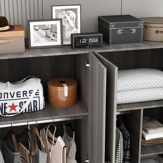 MOUMON 4 Door Wardrobe with Shelves, Armoire Wardrobe Closet with Hanging Rod, Armoire Closet with Wooden Handles, Grey 18.9" D x 63”W x 70.9”H