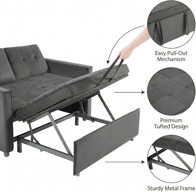 Casaphoria Pull Out Couch Bed, 3-in-1 Convertible Sleeper Sofa with Adjustable Backrest, Velvet Futon Loveseat with Side Pockets for Small Spaces, Living Room & Guest Room (Dark Grey)