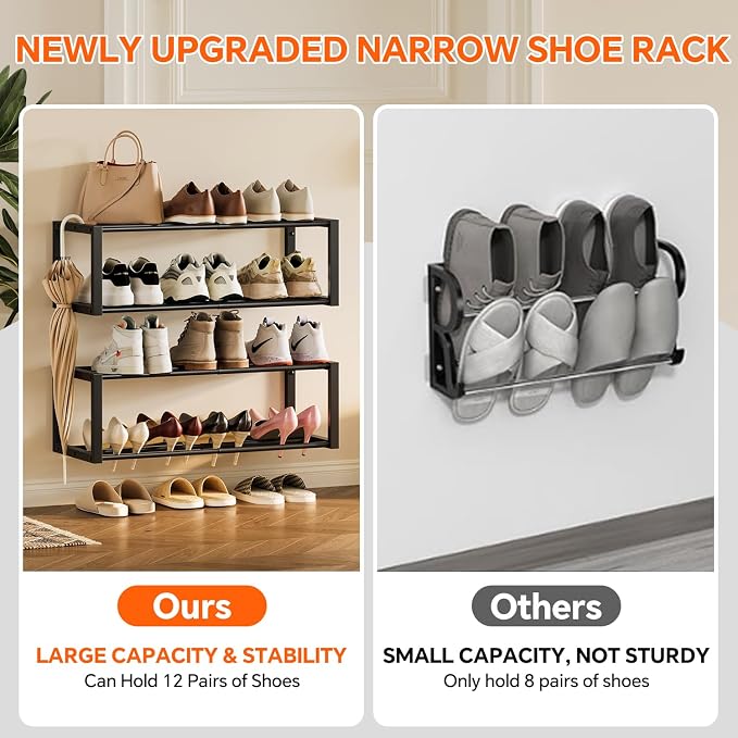 Homeiju Hanging Shoe Organizer,2 Pack Wall Mounted Shoe Rack Holds 12 Pairs,Space Saving Metal Wall Shoe Rack,Hanging Shoe Rack Shoe Holder for Small Space,Entryway,Closet,RV,Camper（Black - Image 6