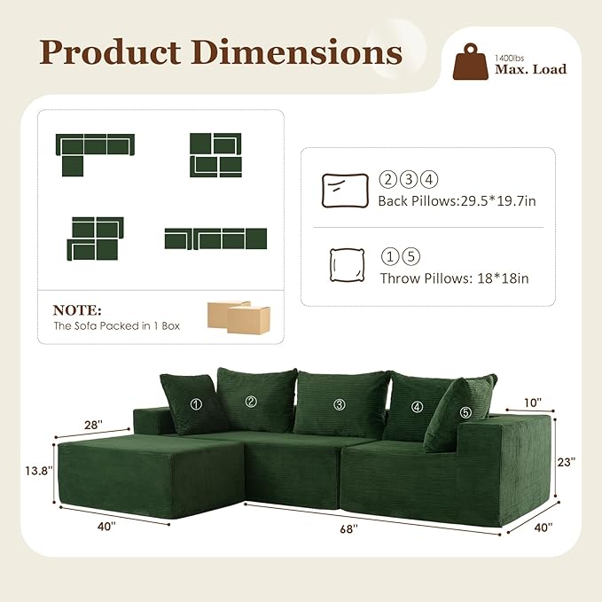 INGEROOM 108" Cloud Sectional Couch with L-Shape Chaise, Modular Sofa Memory Foam, Boneless Sofa with Movable Ottoman, Plush Corduroy Memory Foam Couch for Living Room, No Assembly, Forest Green