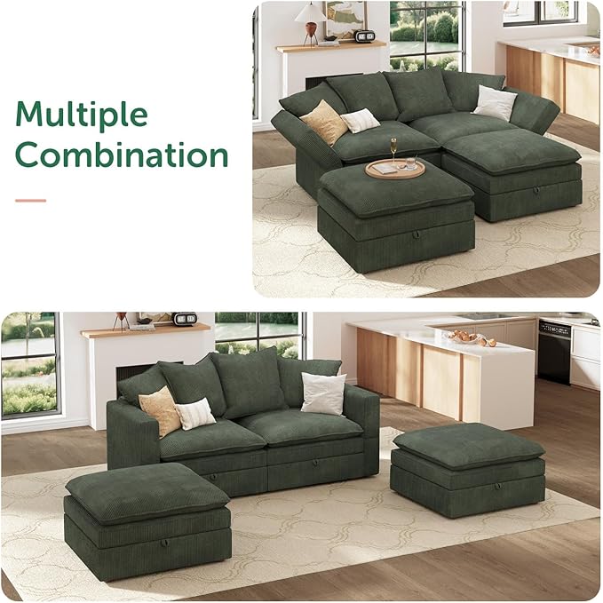 HONBAY Modular Sectional Sleeper Sofa, Corduroy 4 Seater Couch with Storage, Sectional Sleeper Couches for Living Room, Green