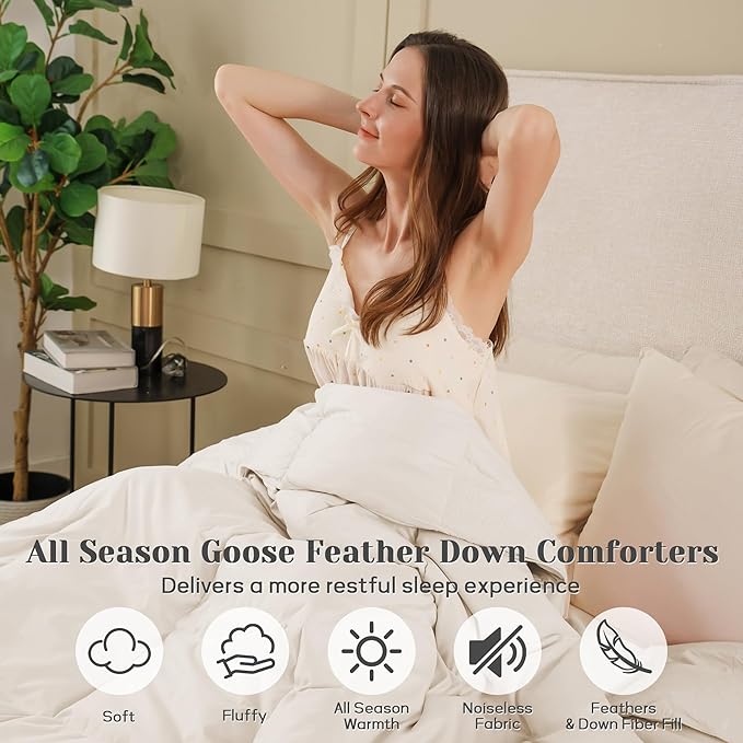 Joysoul California King Size Down Comforter - All Season Ultra Soft Goose Down & Feather Fiber Fill, Luxury Hotel Cream Duvet Insert with Corner Tabs (108" X 94")