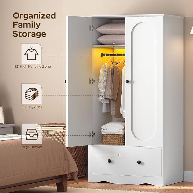 YATINEY Armoire Wardrobe Closet with Light Strip, 70.9" H Wooden Bedroom Armoire with 2 Doors, Drawer and Hanging Rail, Clothing Storage Cabinet for Bedroom, White