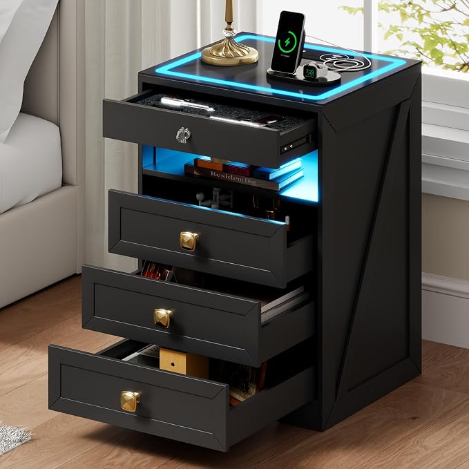 WOOVIVS Night Stand Set 2 with Gun Drawer for Bedroom, Modern Nightstand with Wireless Charging Station for Livingroom (Black) - Image 2