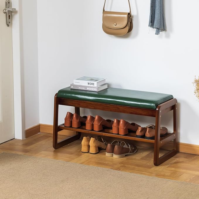 Solid Wood Shoe Bench, 2-Tier Entryway Bench with Cushion and Flip-Open Storage Box, Mid-Century Modern Shoe Bench Rack for Hallway, Mudroom(Green, 31.5'') - Image 3