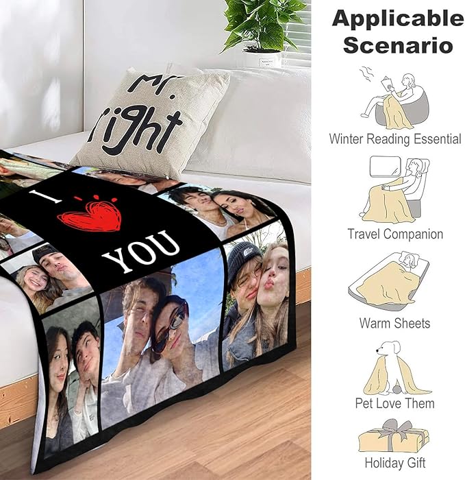ICELIETE Custom Blanket with Picture Customized Fleece Photo Blanket for Couples Gifts Personalized Blankets and Throws Christmas Valentines Day Gifts for Boyfriend Girlfriend