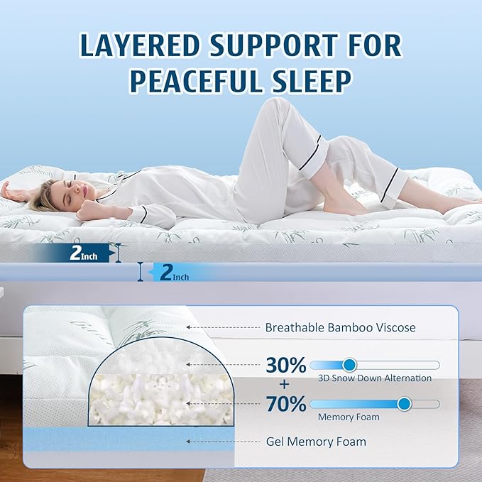 DOWNCOOL Dual Layer 4 Inch Memory Foam Mattress Topper King – 2 Inch Gel Memory Foam & 2 Inch Pillow Top Mattress Pad, Soft & Breathable Viscose Made from Bamboo, for Back Pain Relief