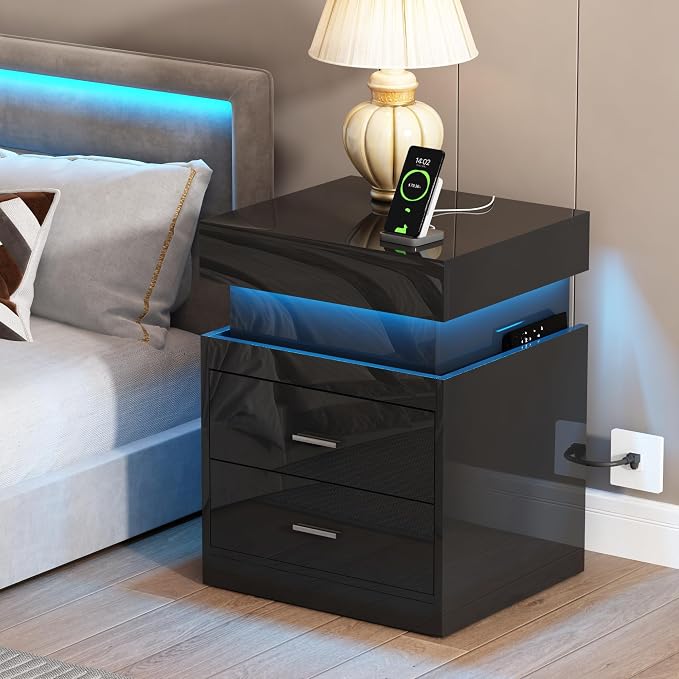 ChooChoo LED Nightstand with Charging Station,Smart Night Stand with Sliding Top Storage, 2-Drawers High Gloss Bedside Table, Modern End Table for Bedroom,Black by ChooChoo