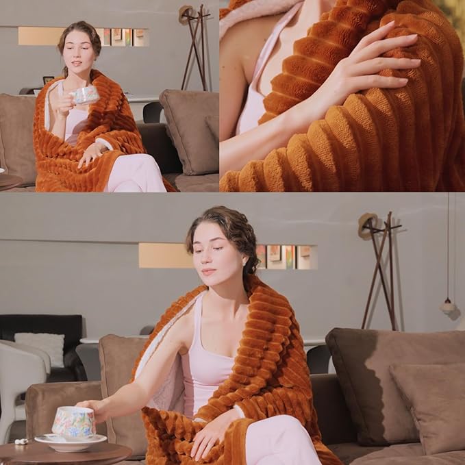 Burnt Orange Sherpa Fleece Throw Blanket 50?€???60?€? for Couch Sofa Bed,Double Side Soft Fuzzy Cozy Plush Thick Flannel Blanket with Striped Design Gift for Mother Woman