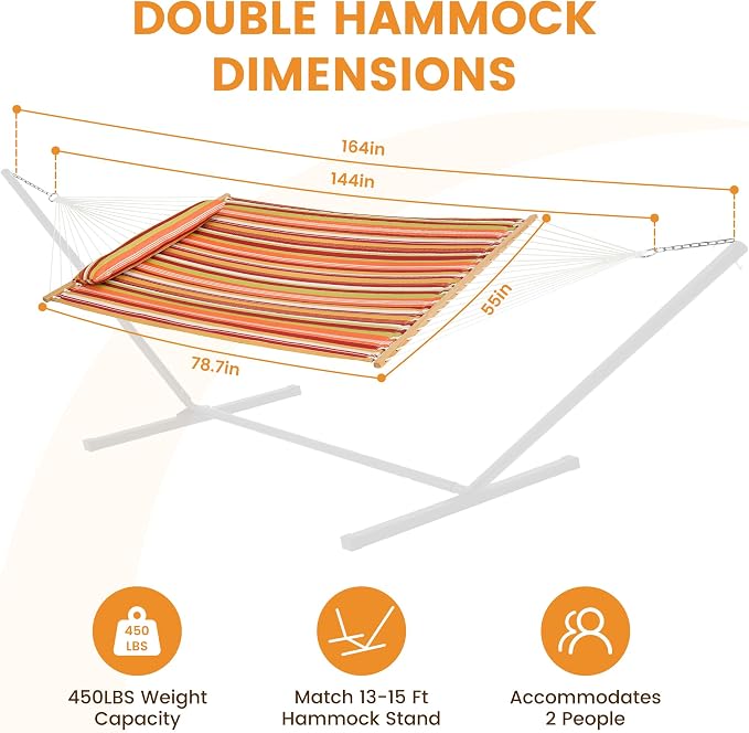 Lazy Daze Hammocks 12 FT Quilted Fabric Double Hammock with Spreader Bars and Detachable Pillow, 450lbs Weight Capacity, Vivid Stripe - Image 2