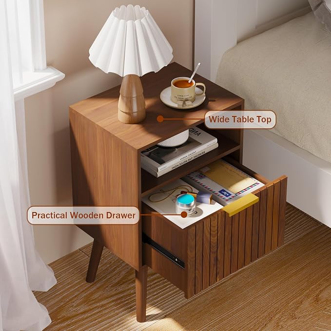 Aenuert Nightstand, 2-Tier Night Stand with Drawer, Wooden Bedside Table for Bedroom Study Room Small Spaces, Rustic Brown - Image 8