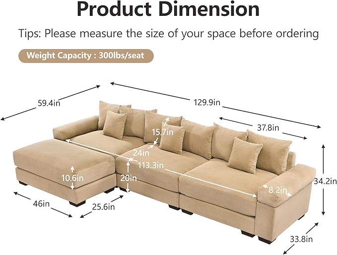 KEIKI 130" L-Shaped Oversized Corduroy Modular Cloud Sectional Sofa with 1 Ottoman, High-Density Foam Cushion, Extra-Thick Armrest, 3-Seater Fluffy Corner Couch with 9 Pillow, for Living Room, Camel
